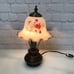 Vintage Small Wood Base Lamp Ruffled Glass Shade Hand Painted Brass Hardware