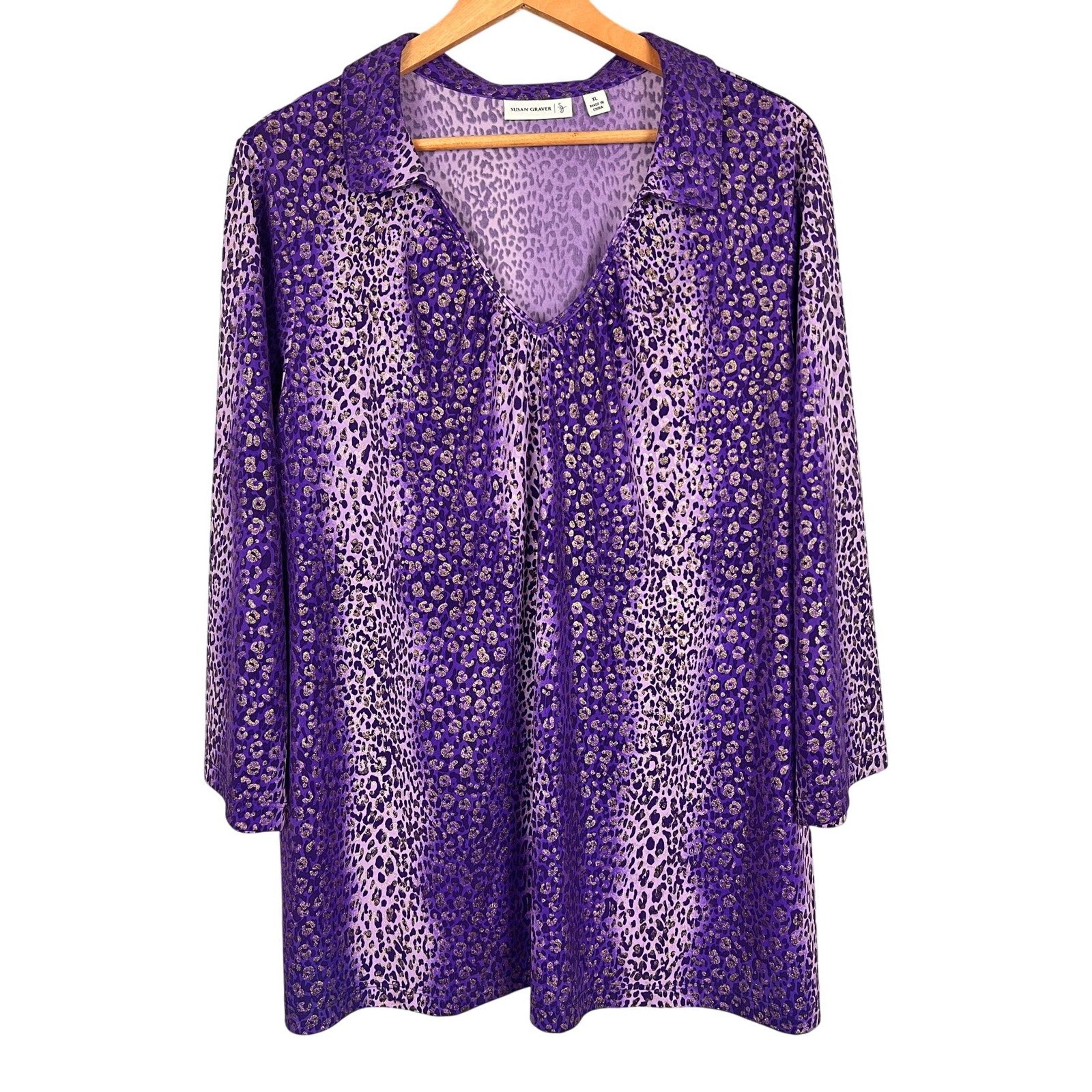SUSAN GRAVER Womens XL Liquid Knit Purple Gold Metallic Leopard Animal Print Top