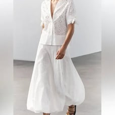 NWT ZARA ZW COLLECTION VOLUMINOUS SKIRT WITH CUTWORK EMBROIDERY OYSTER-WHITE