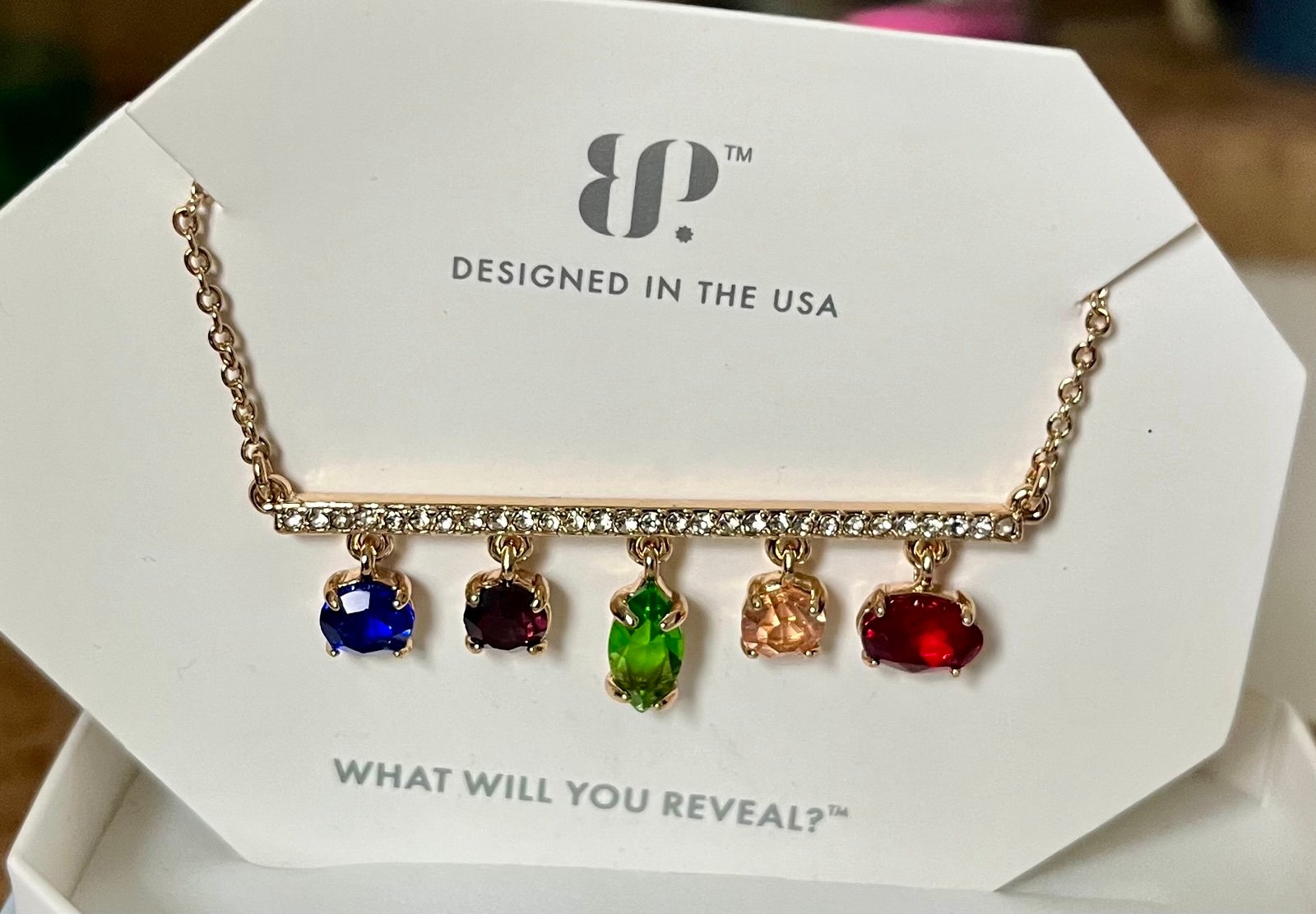 Bomb Party RARE Glam Box MultiColored Stones on Gold Necklace