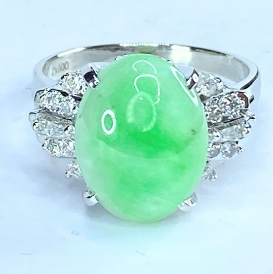 Platinum 6.65ct Jadeite 0.22ct F/VS1 Round Baguette Diamond ring 7.8g sz8 JR7822