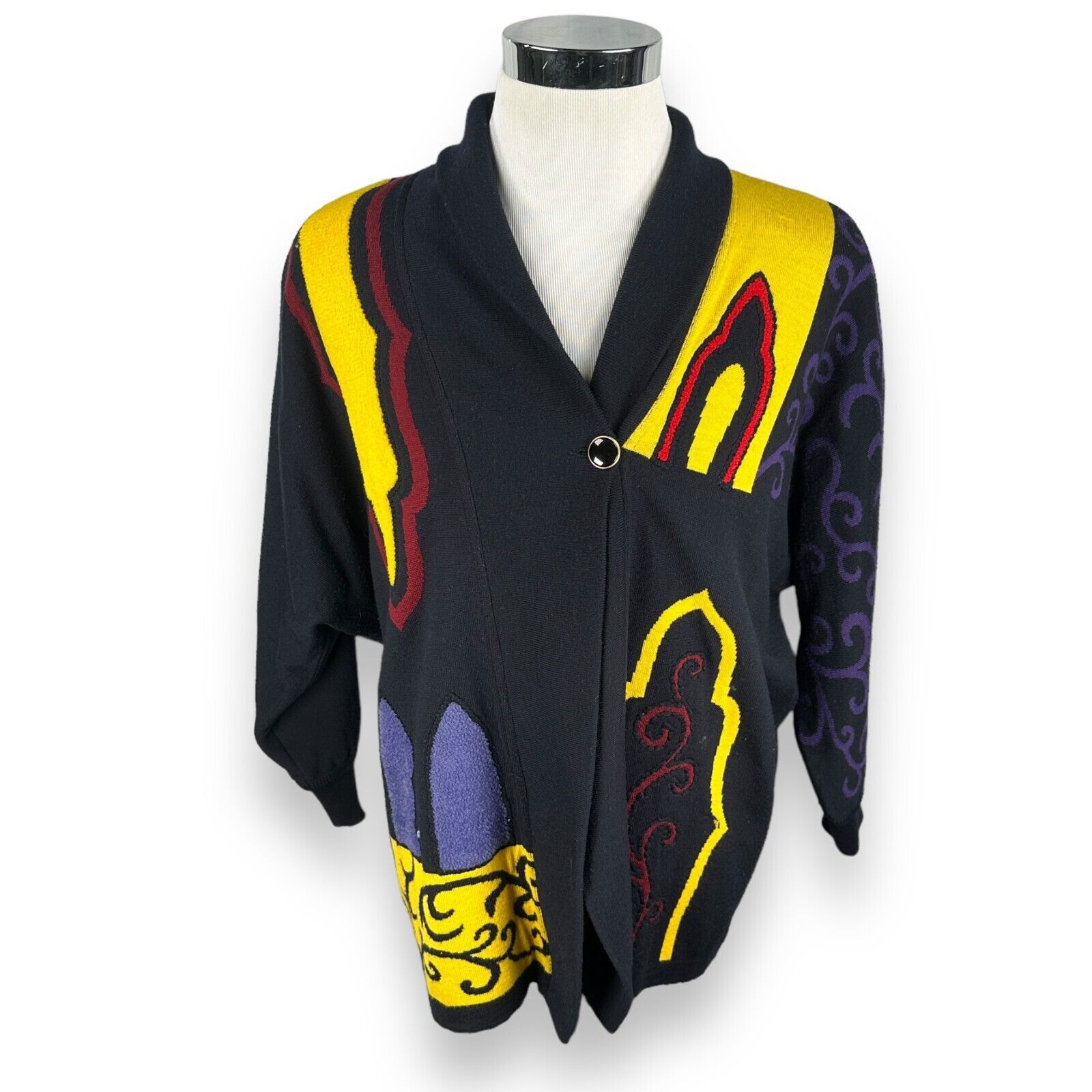 Laurel by Escada Cardigan Sweater Women's 38 Knit Italy Geometric Baroque Scroll