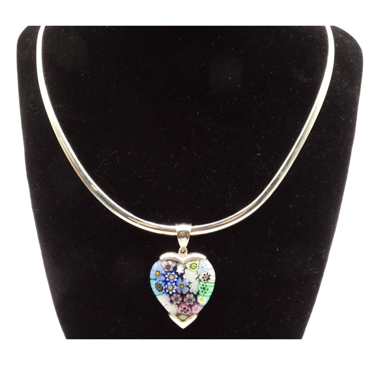 Alan K Vintage 925 Sterling Silver Millefiori Heart Pendant Necklace Italy Glass