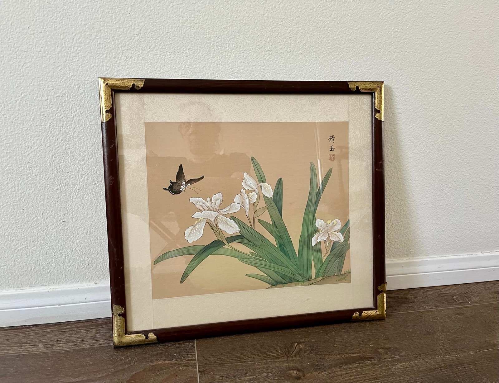 Vintage Japanese Butterfly With Iris Hand Painted Watercolor Silk Framed Print