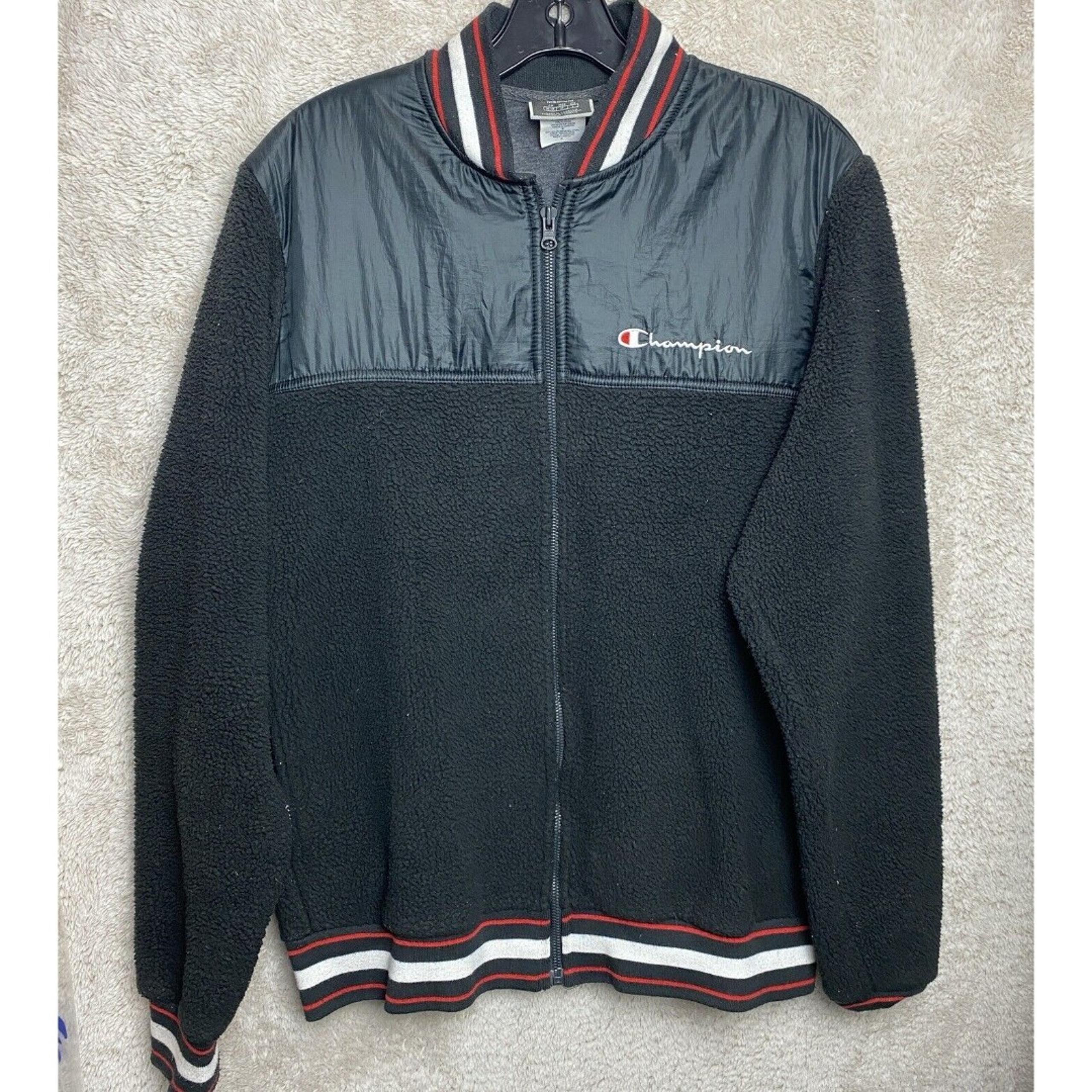 Vintage Champion Jacket Mens Sz M Full Zip Logo Front Fleece Black Red White