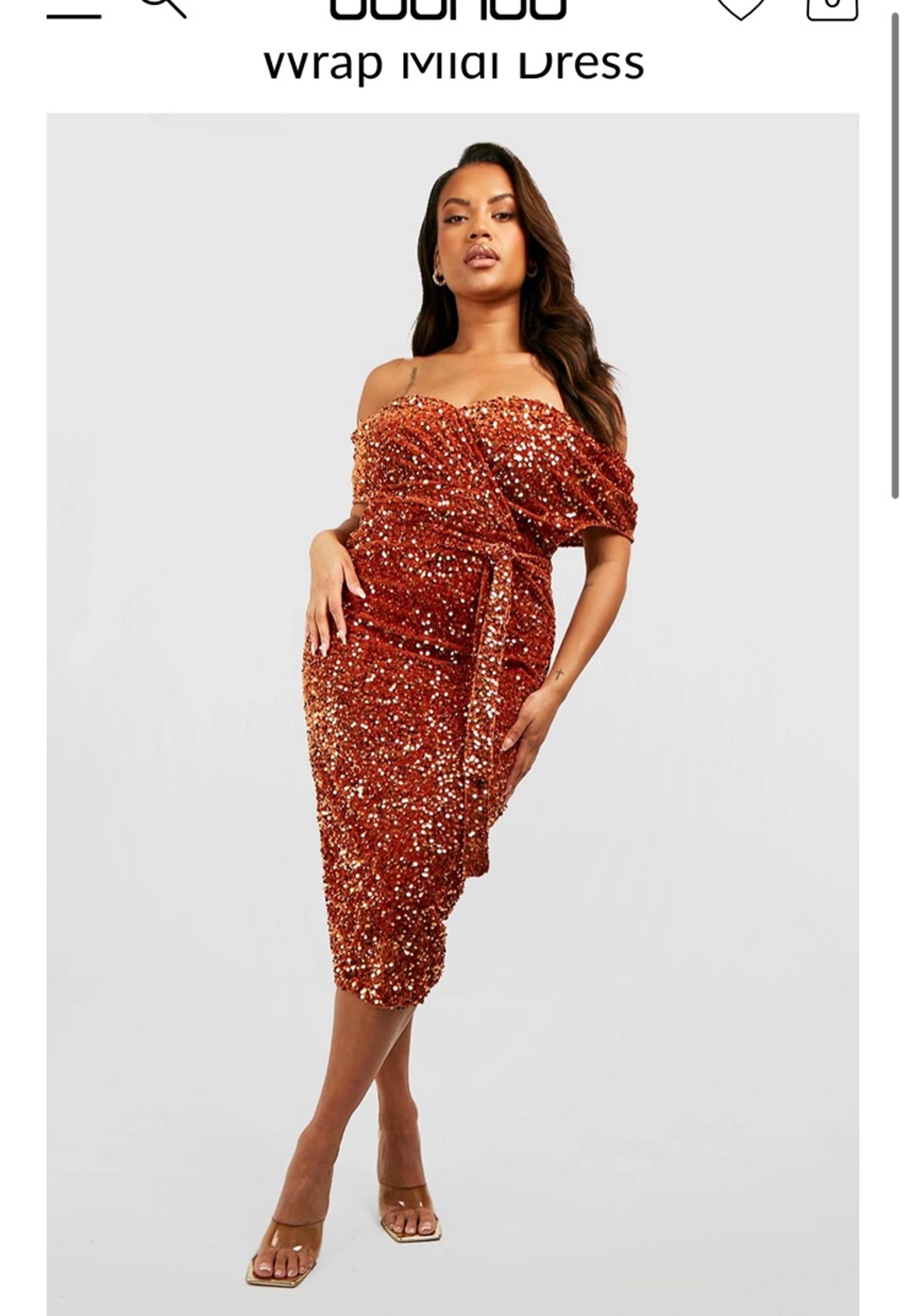 Burnt Orange Sequin Wrap Midi Dress