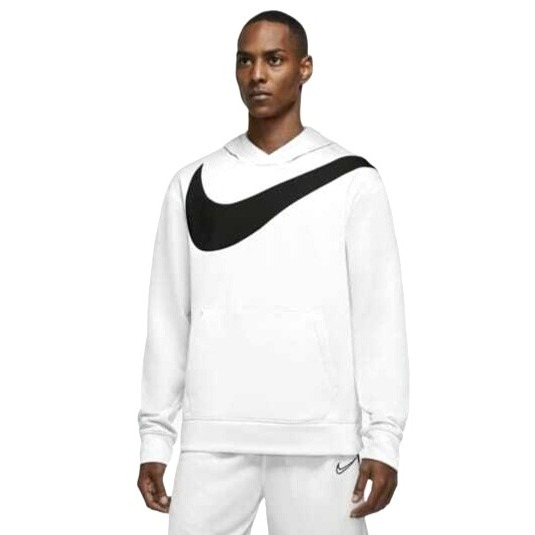 Nike Mens White With Black Swoosh Dri Fit Athletic Pullover Hoodie Sweatshirt S