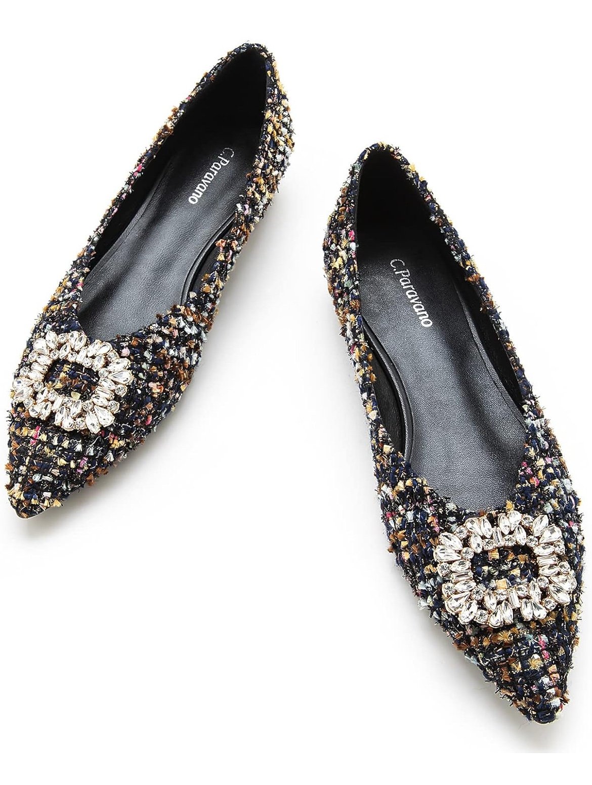 C.Paravano Women's Crystal Buckle Ballet Flats Pointed Toe Slip On Dressy Shoes