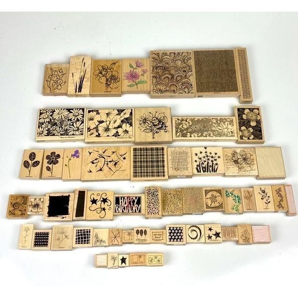 Lot of 56 Vintage Rubber Stamps Wood Bases New & Used Floral Well Wishes & more