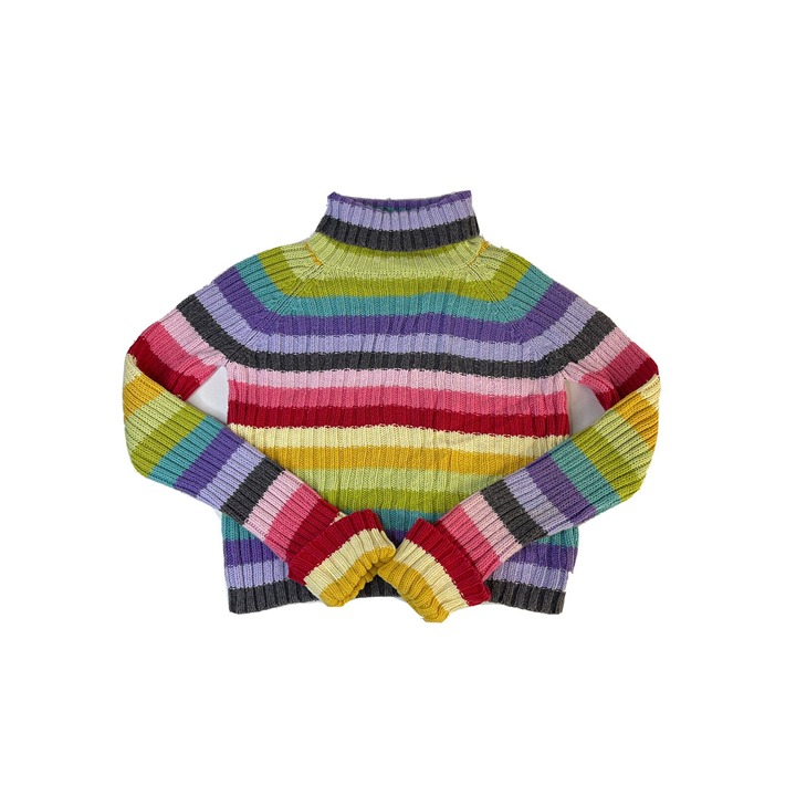 Vintage Womens Large Rainbow Stripe Boxy Crop Turtleneck Sweater