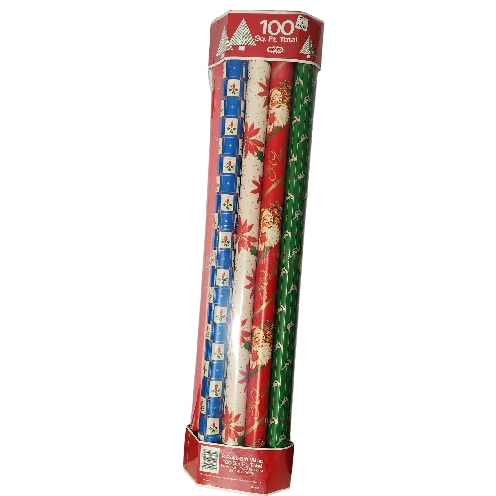 Vintage 90s CLEO Christmas Wrapping Paper 8 Rolls 100 sq ft NEW Santa Poinsettia