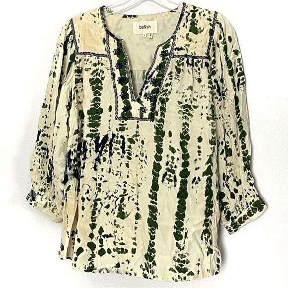Ba&sh Ecru Idris Tie Dye Embroidered Peasant Top - Small