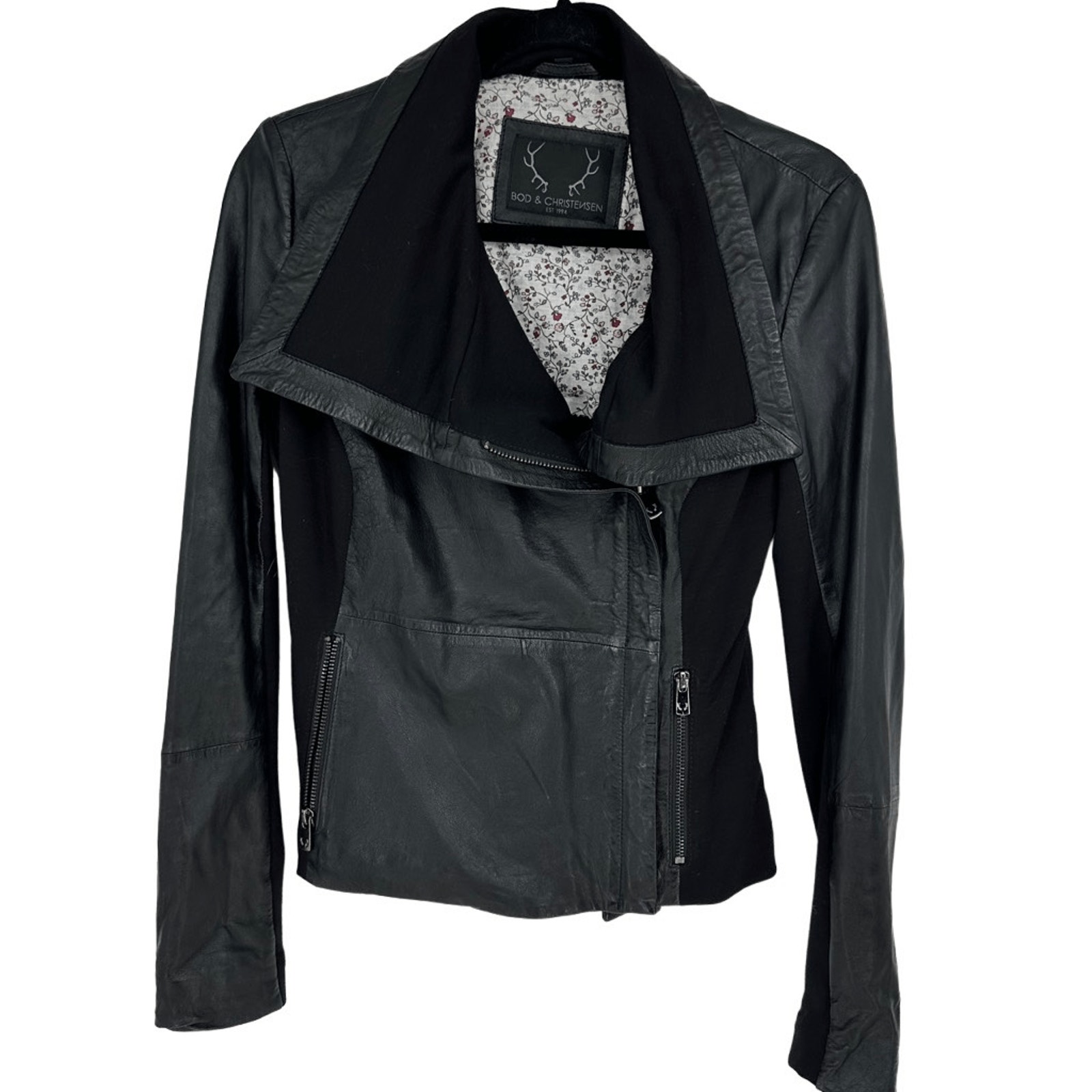Bod & Christensen Women’s Leather Moto Jacket Soft Size XS Black Slim Fit