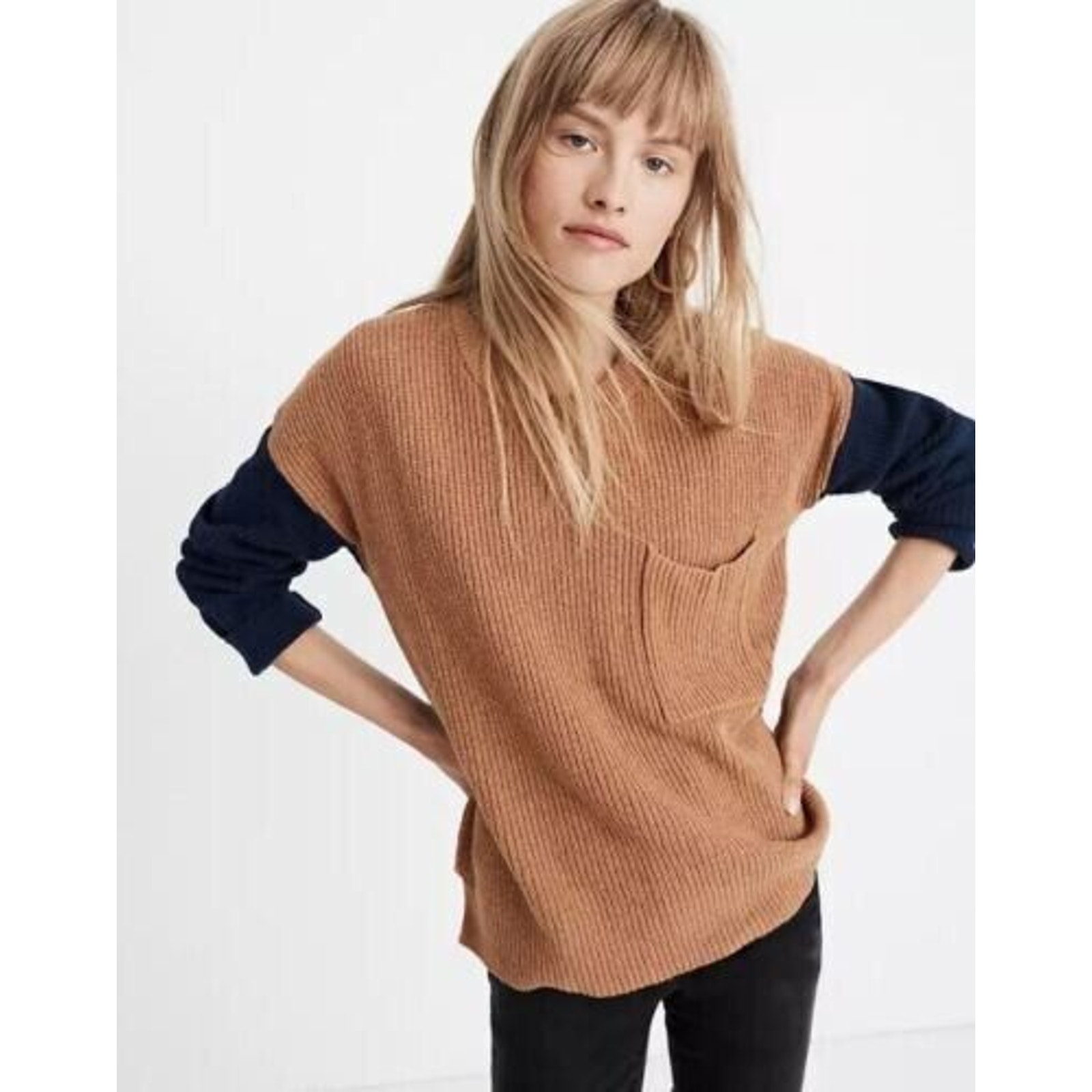 Madewell Thompson Pocket Pullover Colorblock Sweater Heather Timber 2XS 75