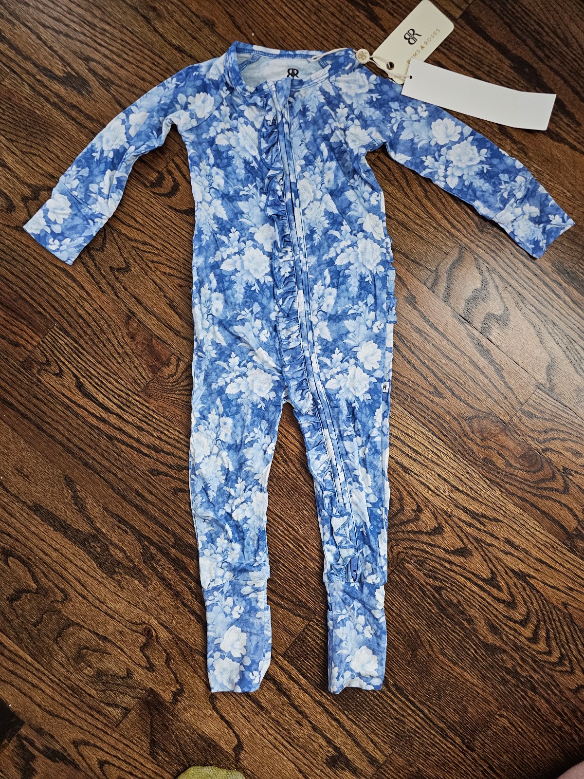 New Baby Girl Bamboo Blue Southern Rose Floral Convertible Ruffle Romper, 12-18m