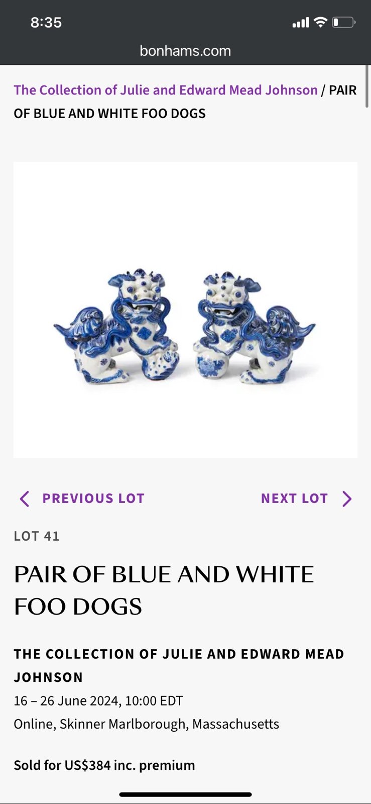 Pair of Blue and White Foo Dogs