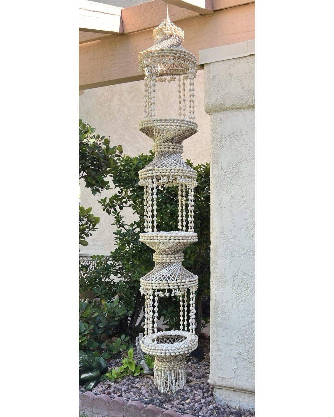 Vintage 6ft Cowrie Seashell Macrame Hanging Plant Holder 3-Tier Boho Chandelier