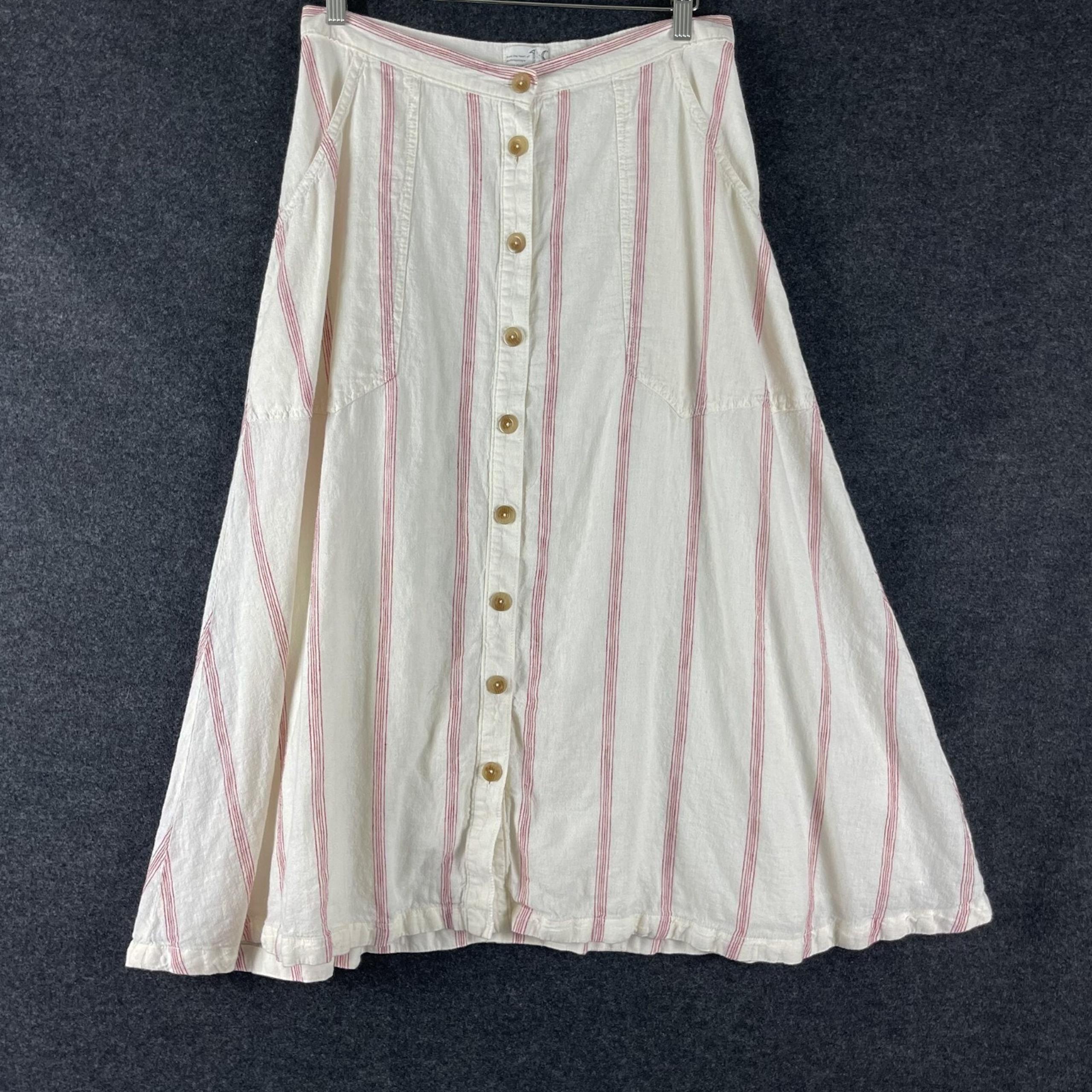 Anthropologie Walsh Buttondown Skirt Womens 10 Ivory Striped Linen Blend Retro