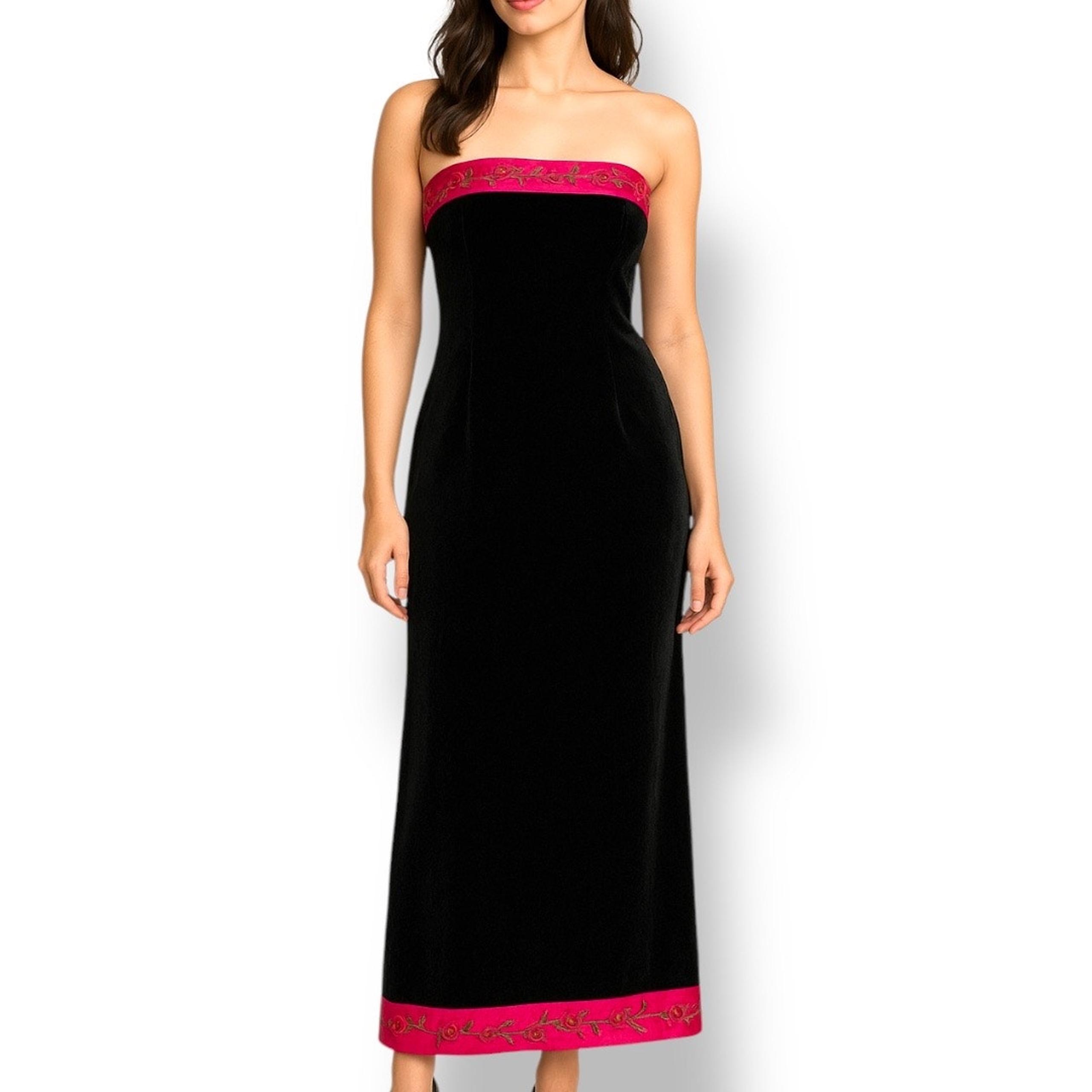 Vintage 90s Formal Black Maxi Velvet Strapless Gown Pink Floral Satin Trim Prom - Papell Boutique