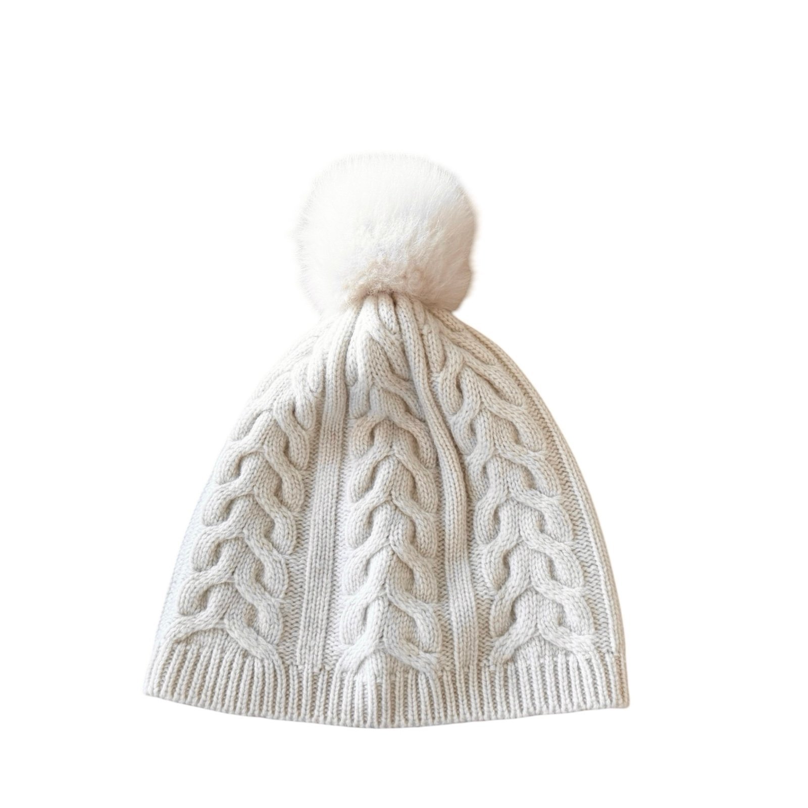 NEW Amicale New York 100% Cashmere Ivory Cable Knit Pom Pom Beanie