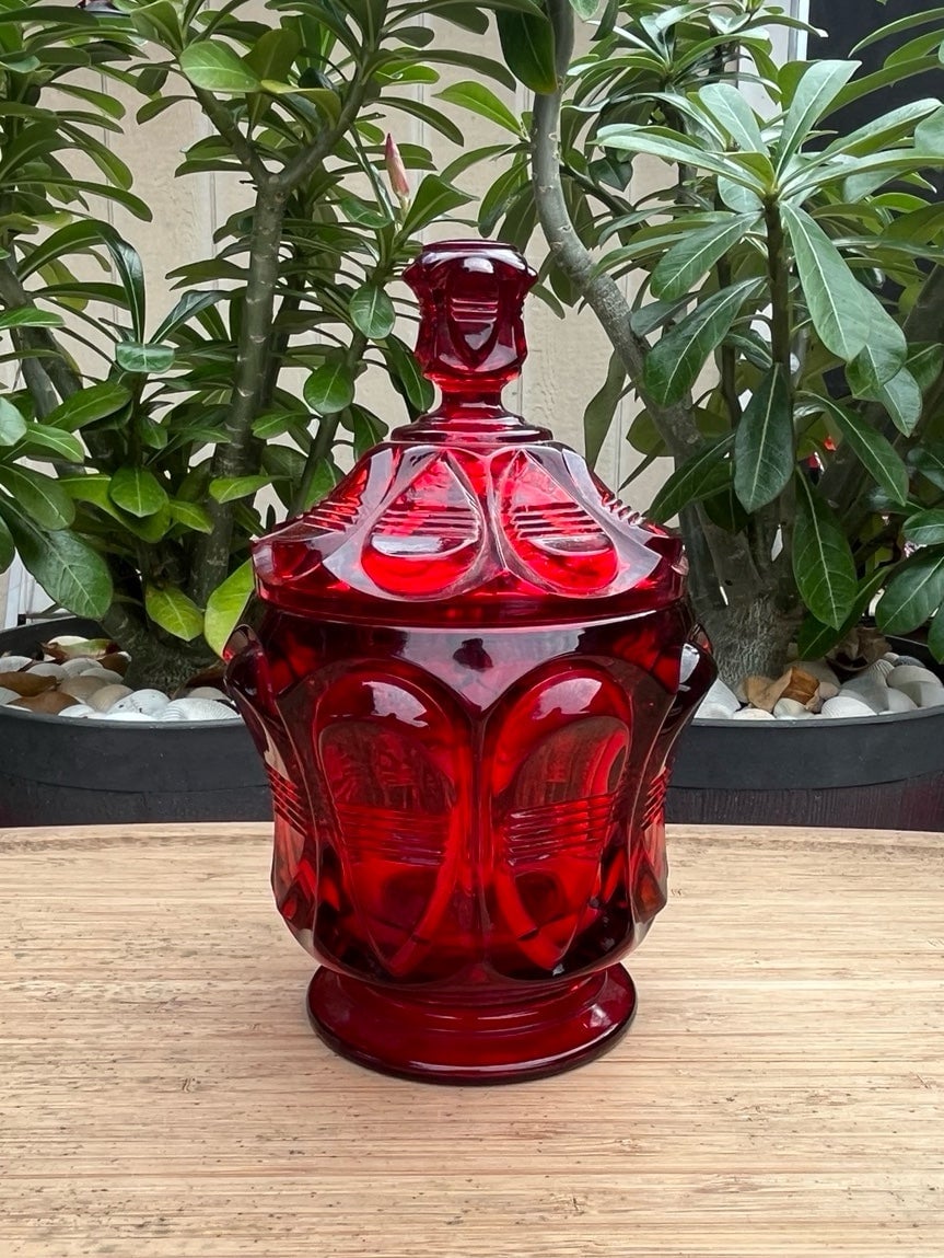 Vintage Fenton Ruby Red Amberina Lidded Jar~UV Reactive