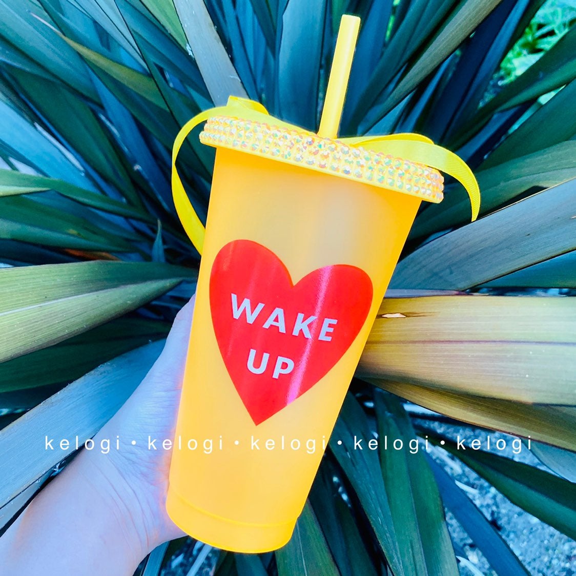 Starbucks Yellow Wake Up Bling Heart Cup