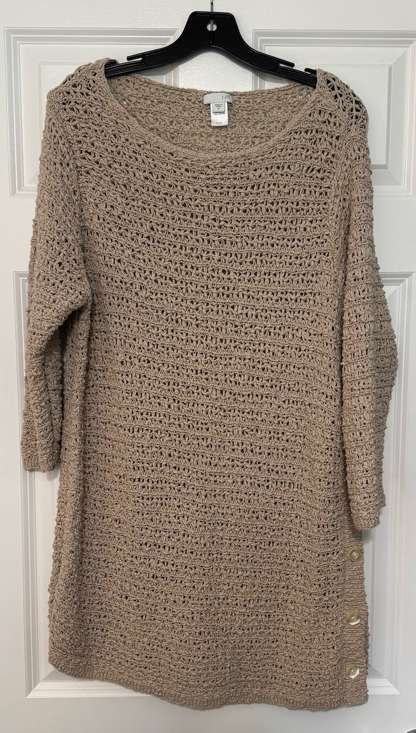 J.Jill Women's Nude Open Knit Cotton 5 Side Button Closure Tunic Sweater Medium