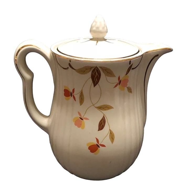 Hall's Superior China Autumn Leaf Coffee Pot 1940s Mary Dunbar Gold Paint Englan