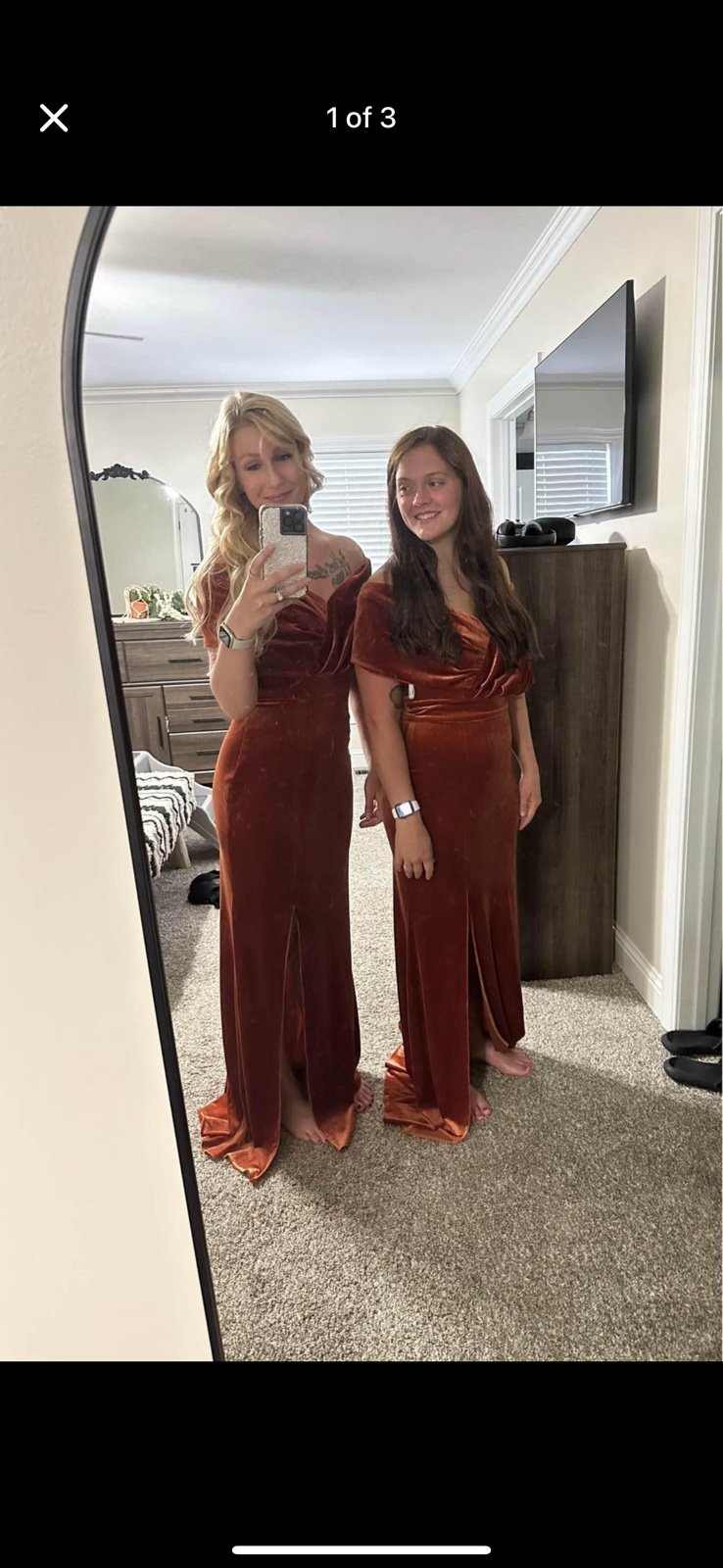 (2) Burnt Orange, Velvet Bridesmaid Dresses