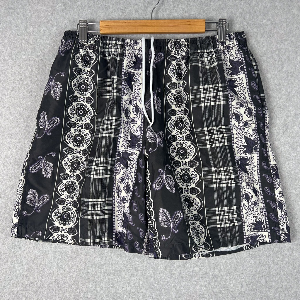 Stussy Mens L Paisley Plaid Water Short in Black