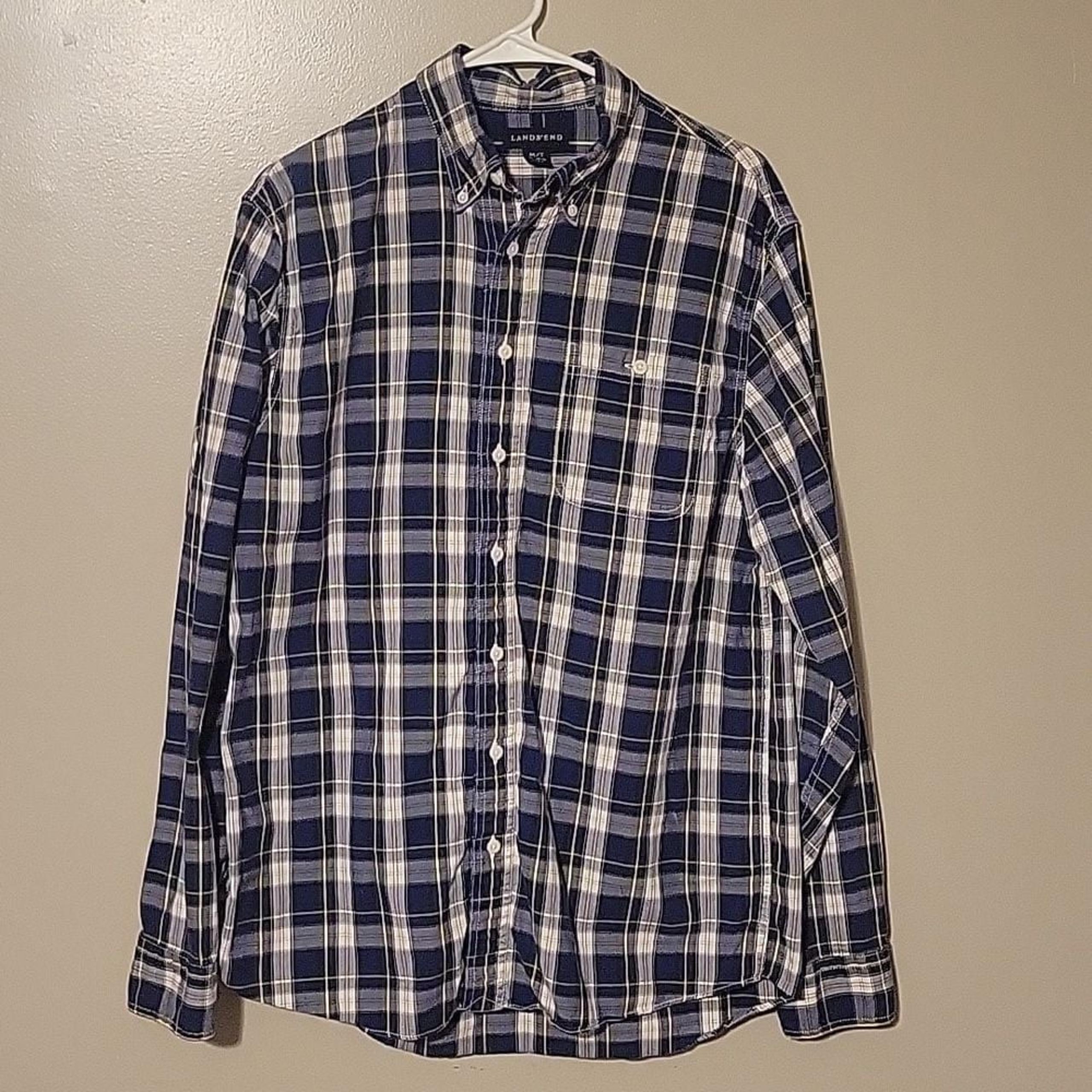 Lands End Button Down Long Sleeve Shirt Blue White Plaid Mens Size Medium Tall
