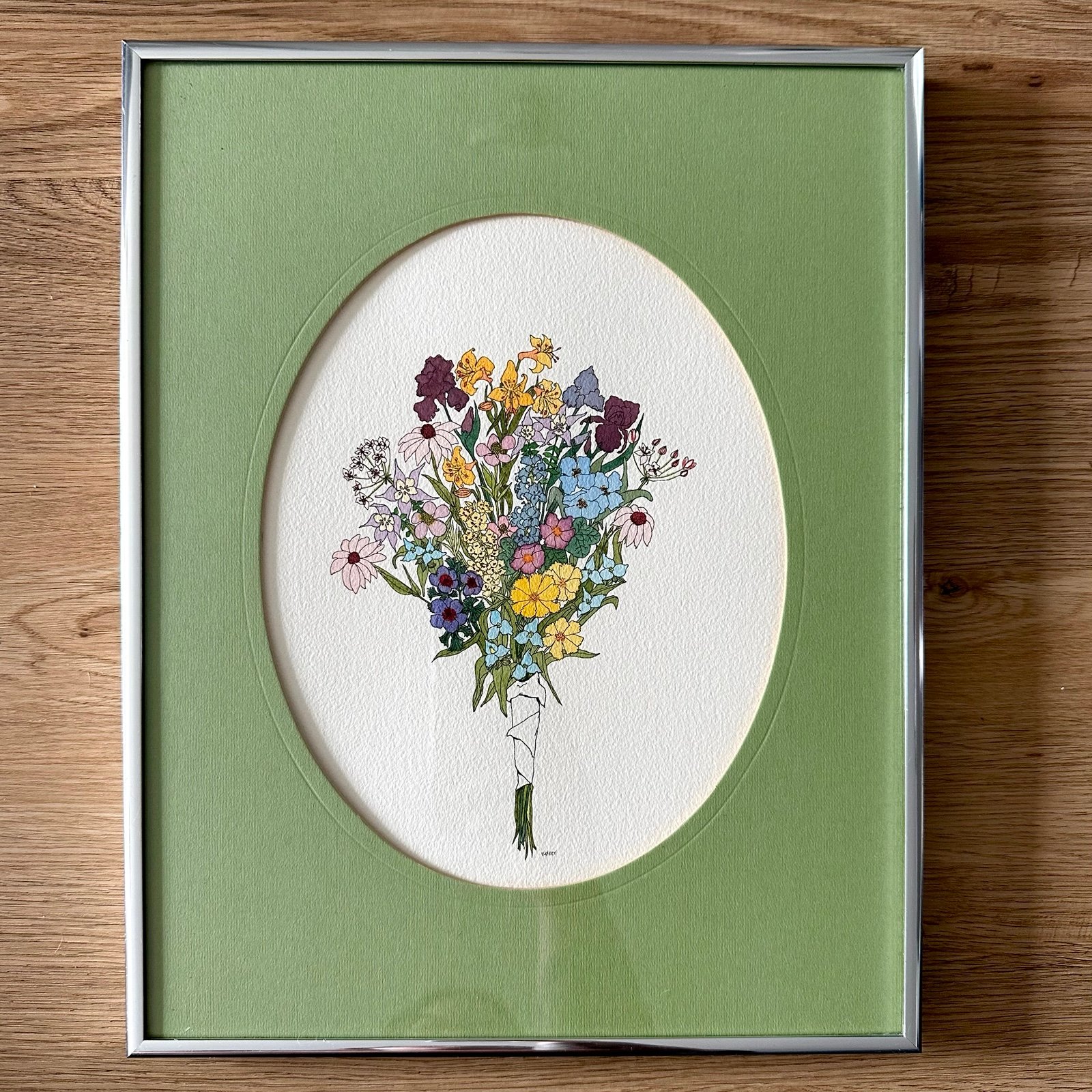 Vintage Botanical, Floral Bouquet Wall Art with Olive Green Matting