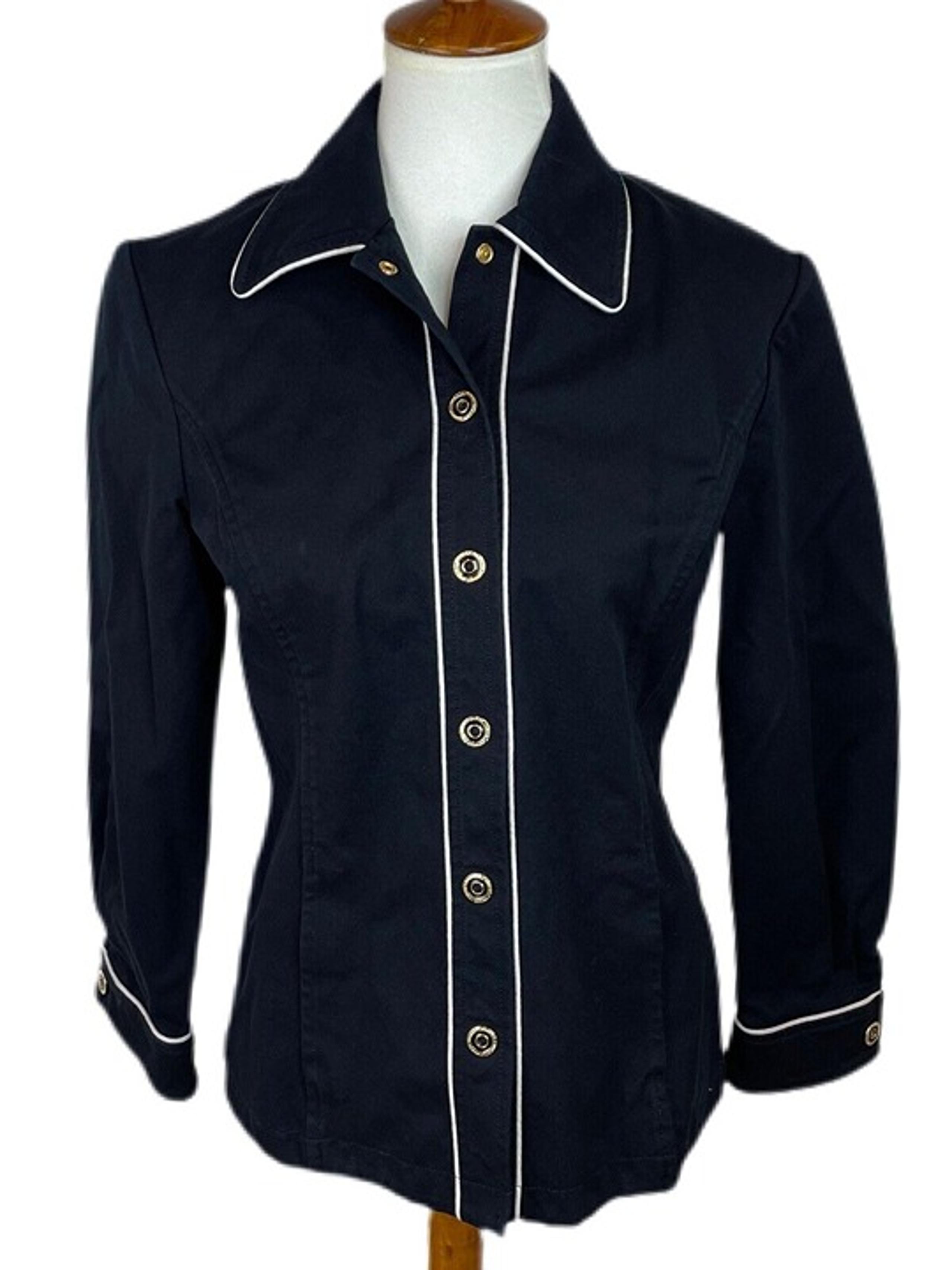 St. John Sport Black Stretchy Button Down Blazer Shirt Womens Size Petite