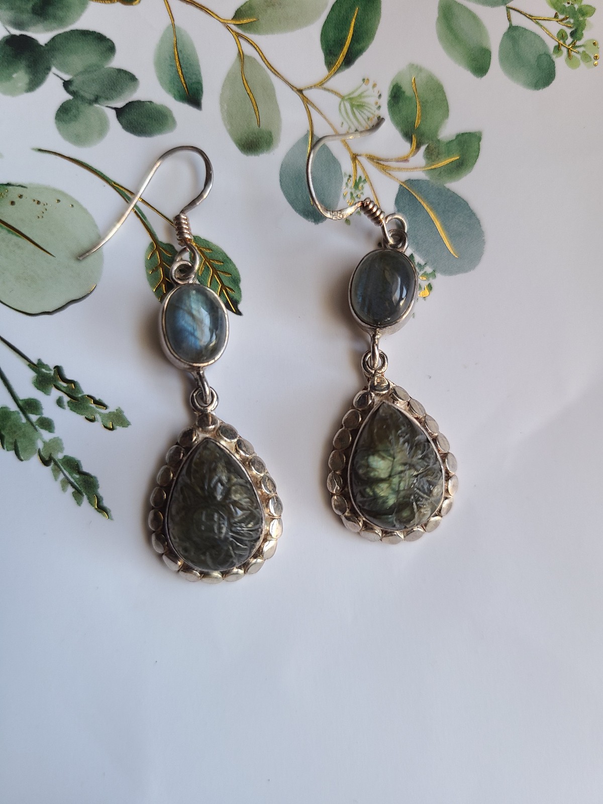 Sterling Silver 925 Labradorite Carved Earrings