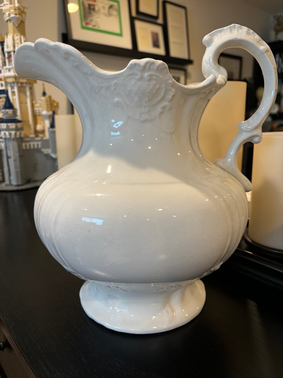 Beautiful Huge Antique Ironstone White Crown Potteries Co Pitcher C.P.Co Vintage