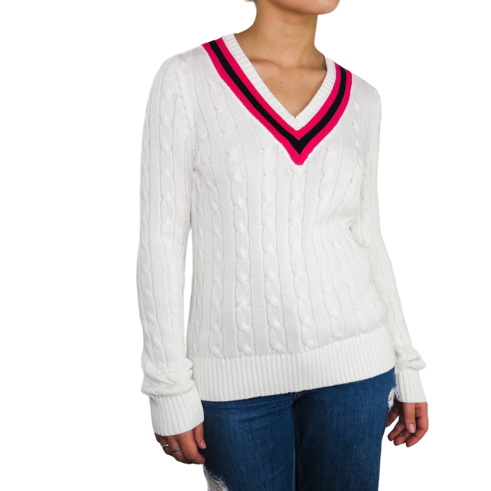 1990s Vintage Ralph Lauren White Cable Knit V-Neck Sweater Preppy Small