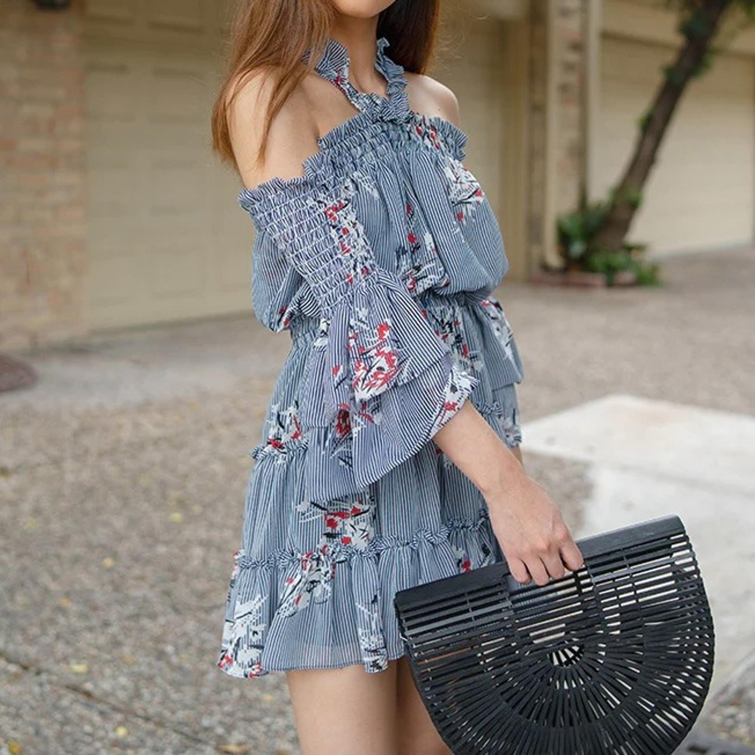 MISA Blue Stripe Floral Halterneck Ruffle Mini Dress S