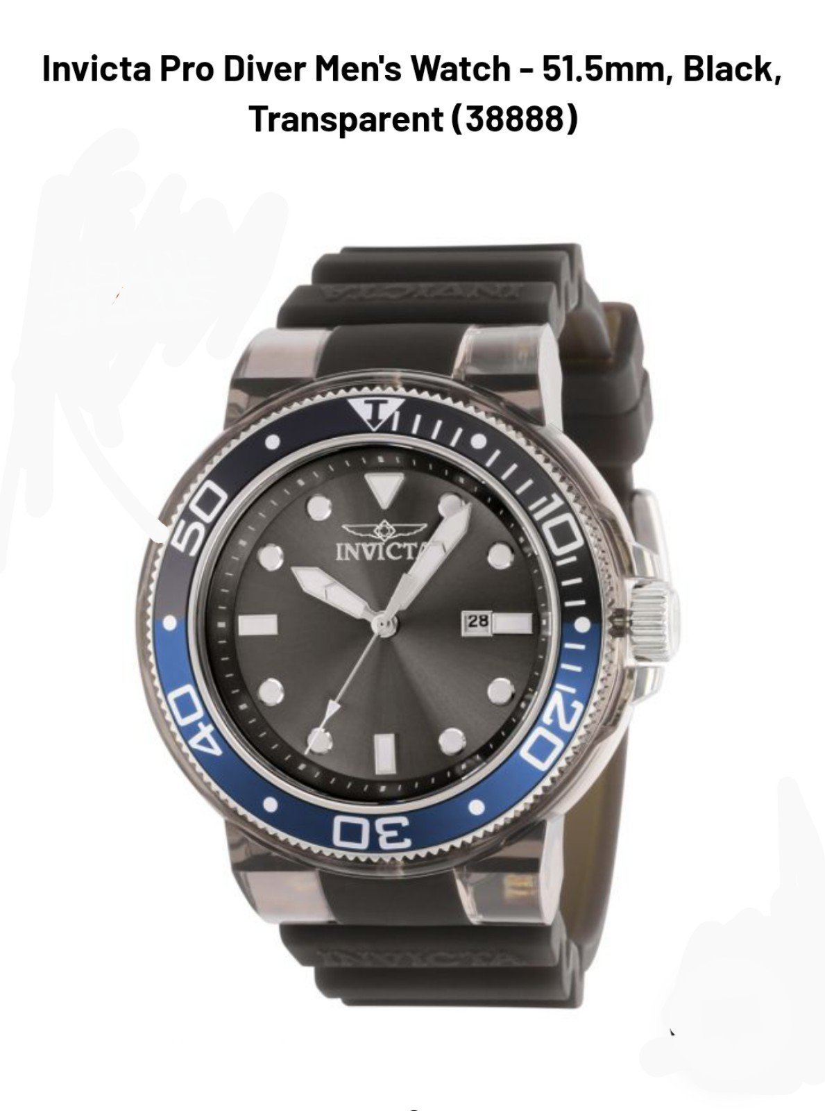 Invicta 51.5mm NWT Pro Diver Black/Blue Transparent Watch