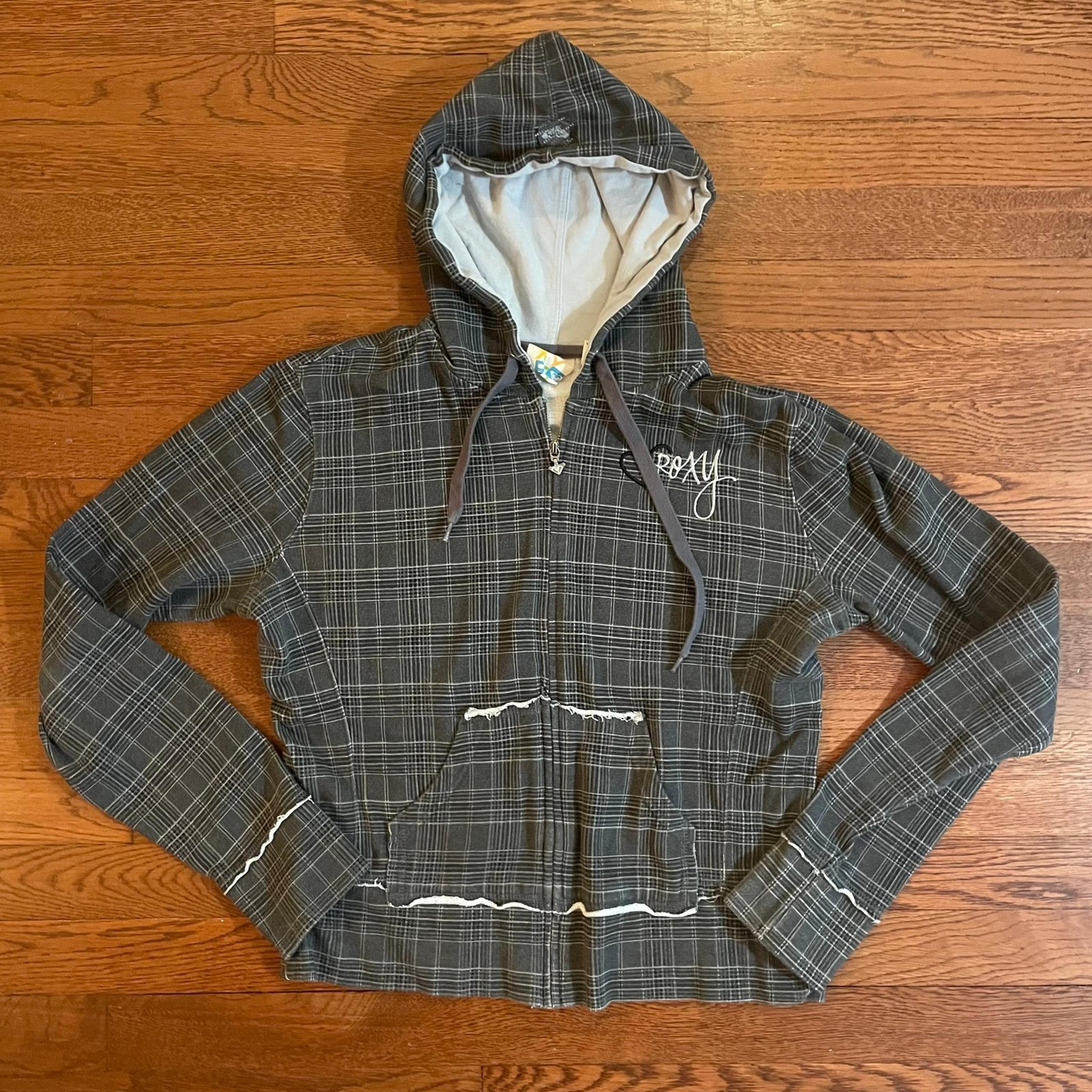 Y2K Roxy Gray Plaid Full Zip Sweater Medium Women’s