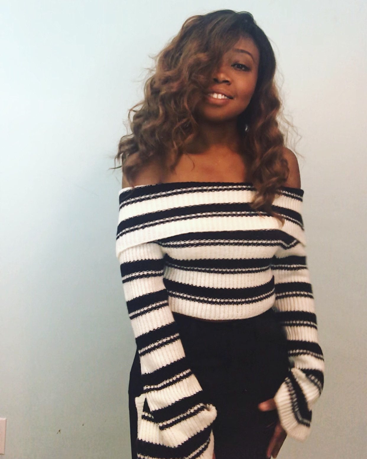 off the shoulder white and black sweater