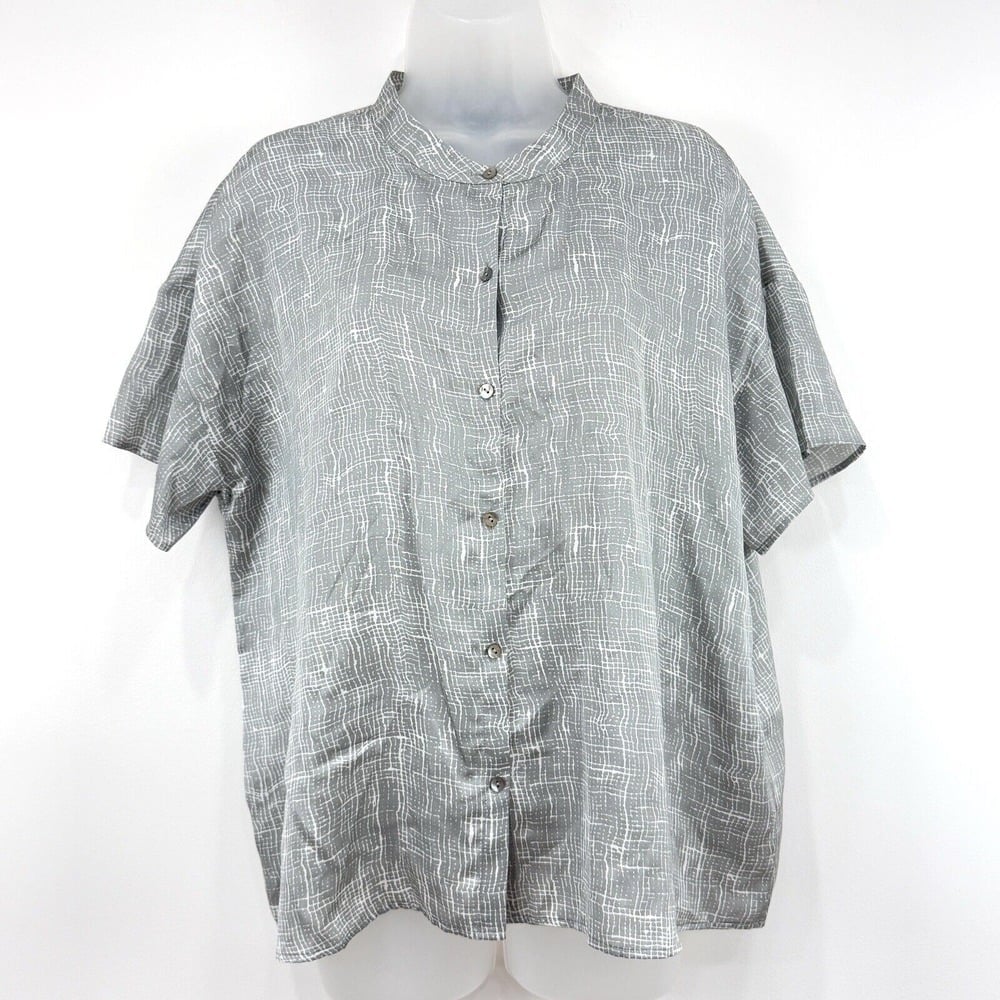 Eileen Fisher Top Women's L Gray Draft Mandarin Collar Silk Organic Cotton