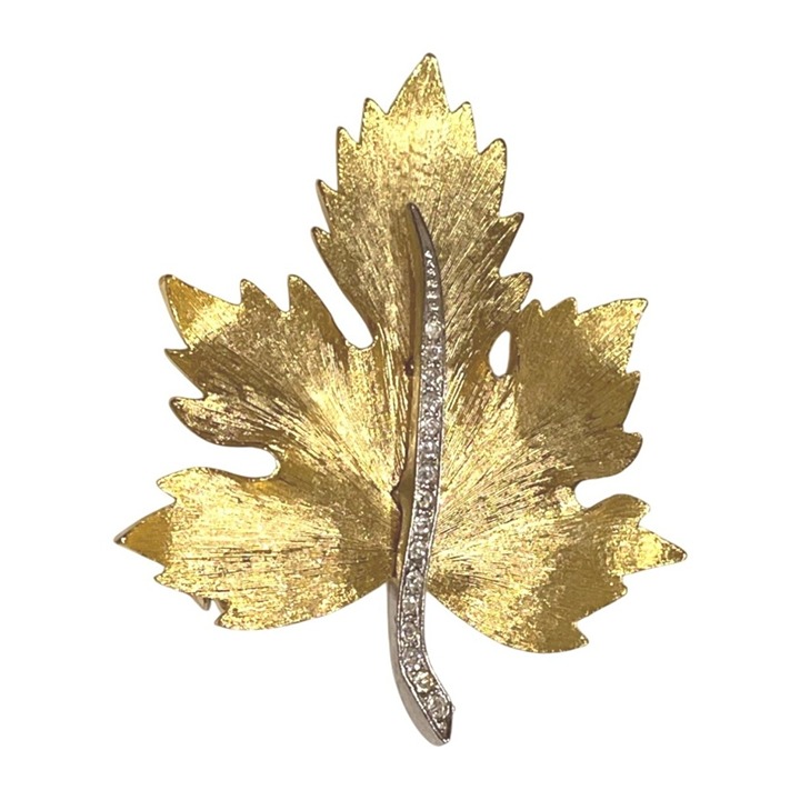 Signed Parklane Gold Leaf Brooch With Rhinestone Stem Elegant Vintage Jewelry Ac