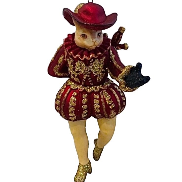 VTG Renaissance Cat Ornament Dressed Musketeers Burgundy & Gold Puss in Boots