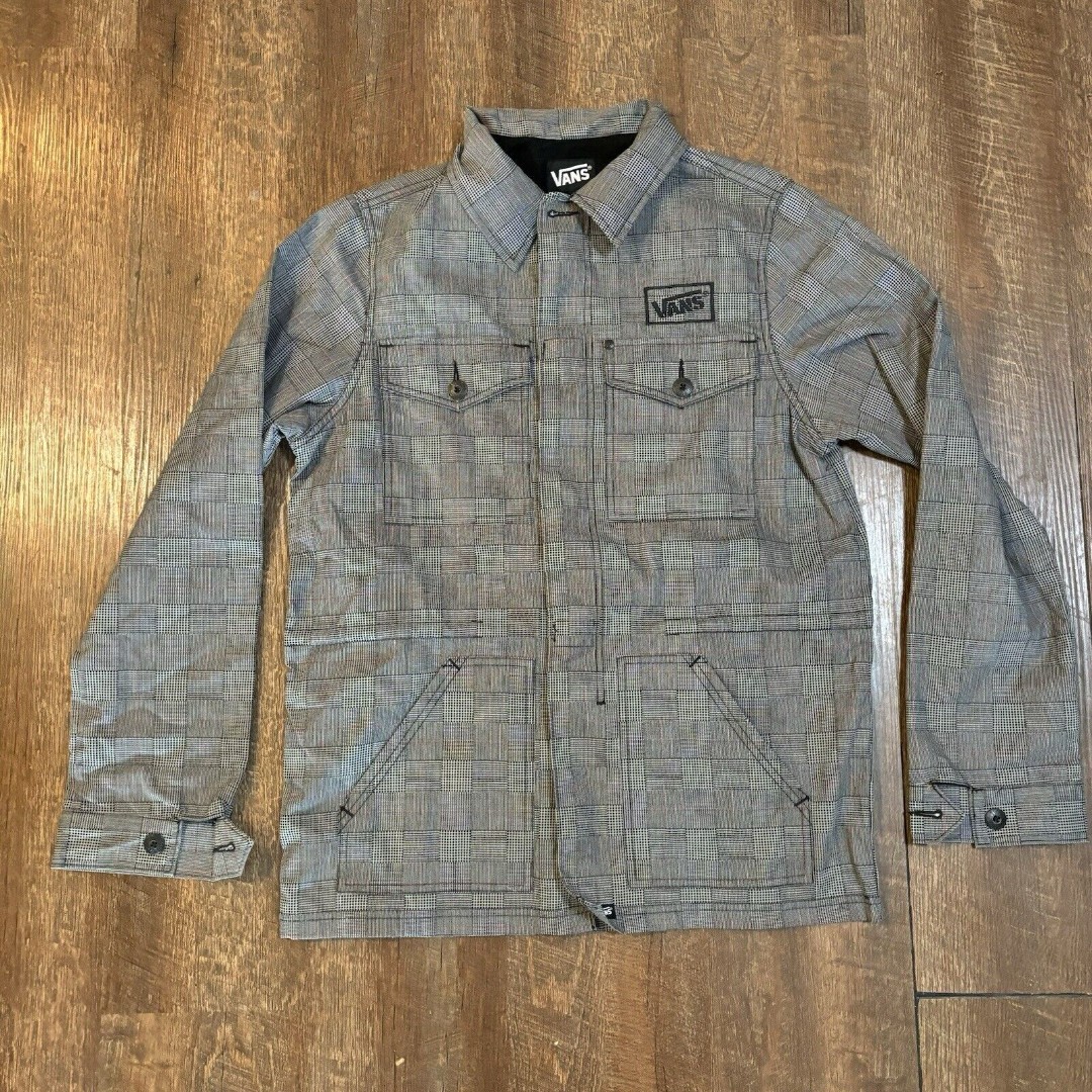 Vans Men's Large Plaid Gray Red Black Flannel Lined Full Zip Twill Jacket Logo