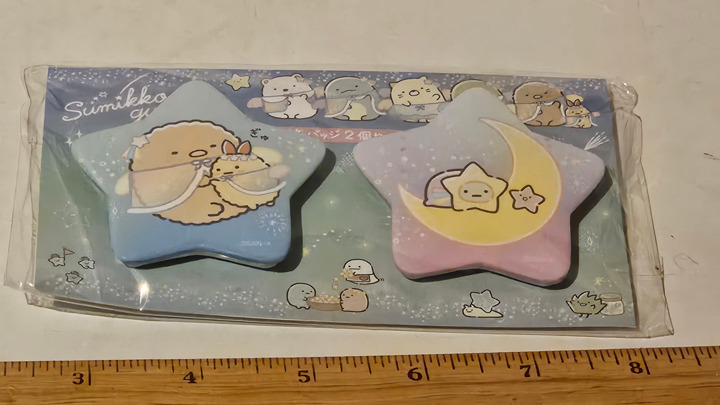 Tonkatsu ebifurai no shippo and moon and stars large can badge pins Sumikko Gura