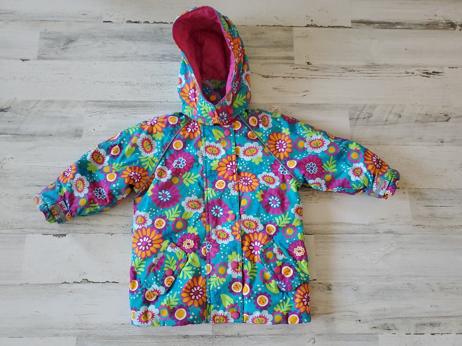 Hanna Andersson Size 3 (80) Winter Coat Floral Blue Detachable Hood Full Zip.