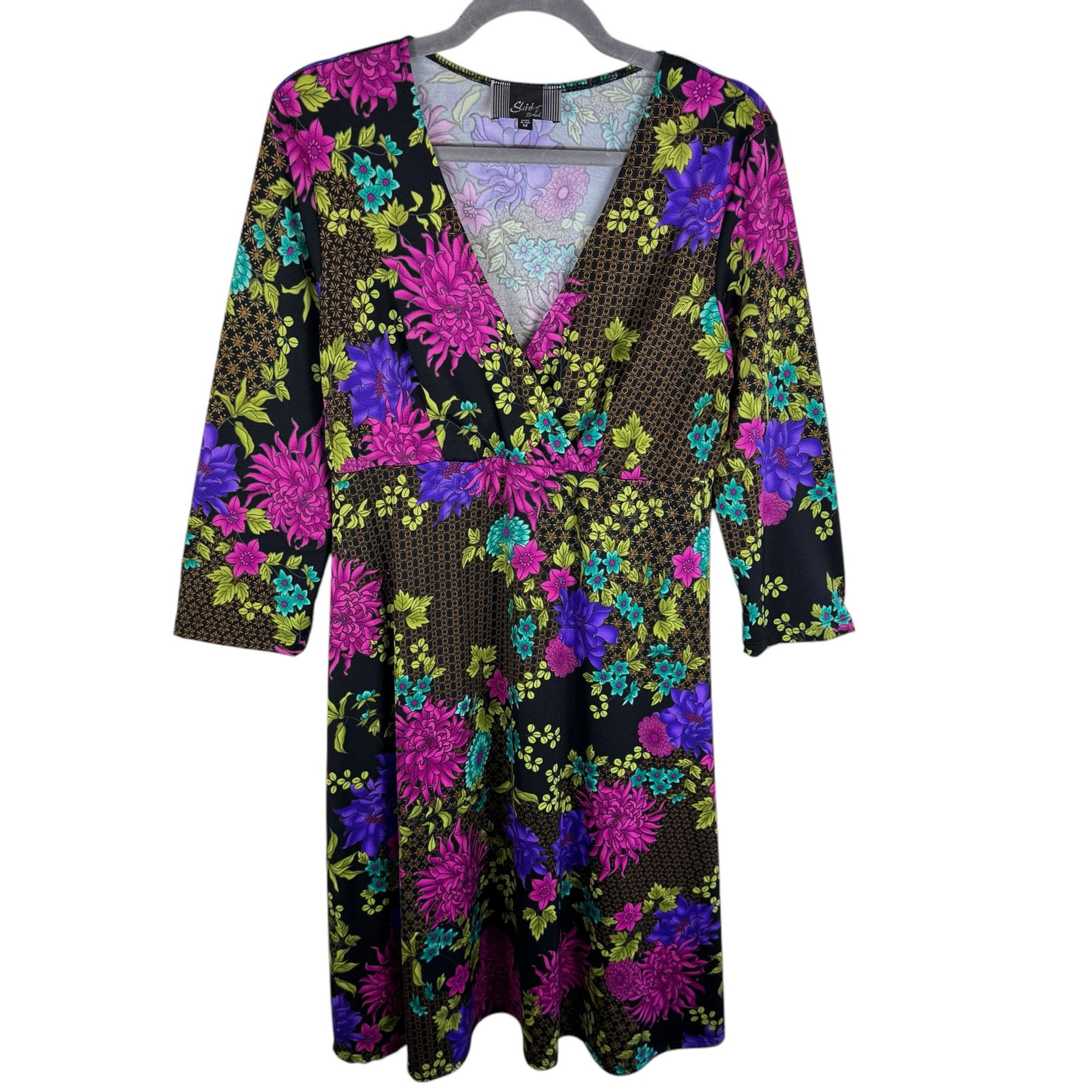 Slinky Brand Colorful Bright Floral 3/4 Sleeve Faux Wrap Jersey Knit Dress Sz M