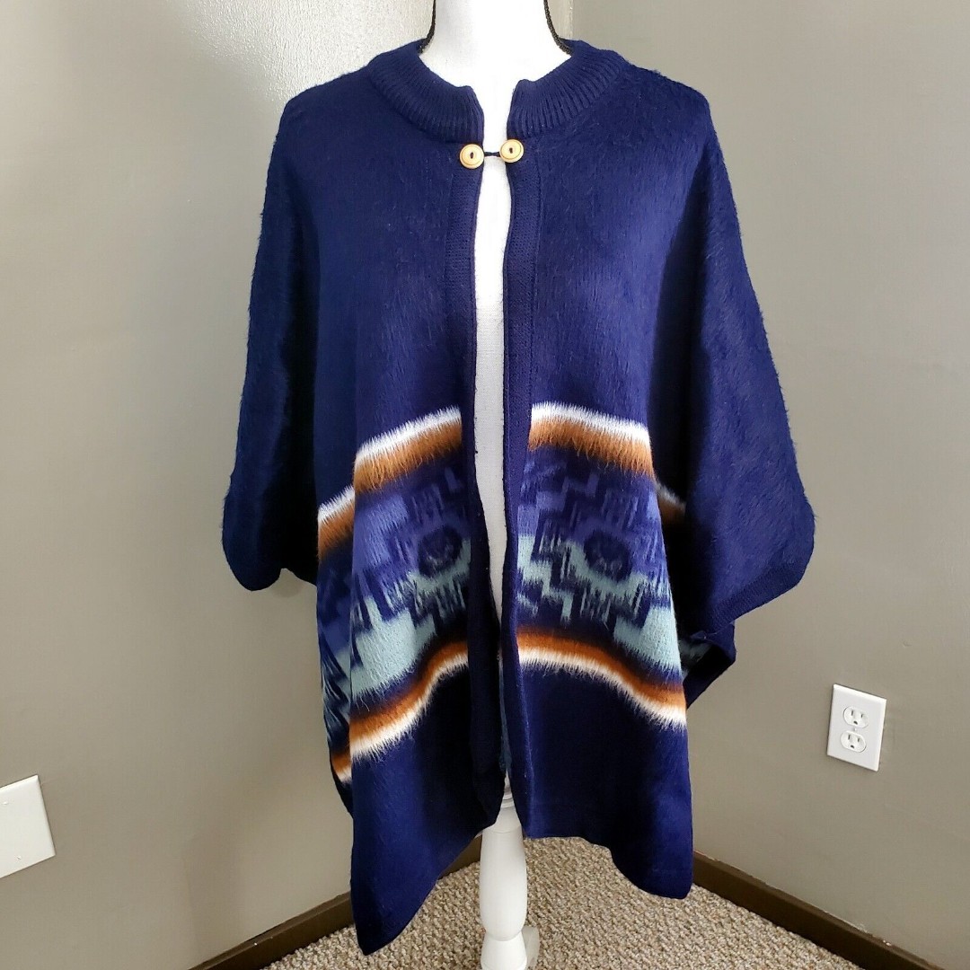 Runa Marka Poncho Cape Size Large Blue Wool Cotton Inca Chakana Two Button