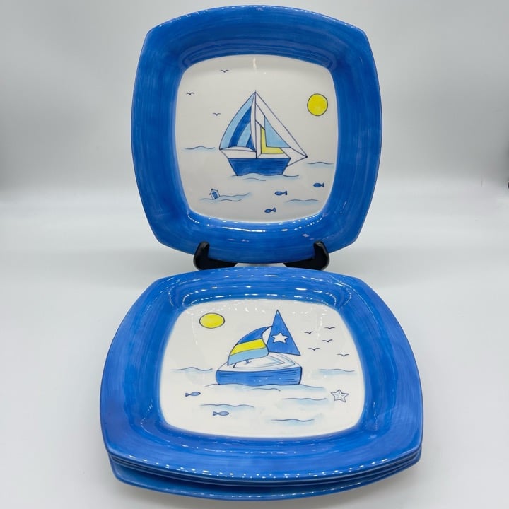 RARE J Willfred Seabreeze Leslie Sattler Square Nautical Sailboat Plates Set/4