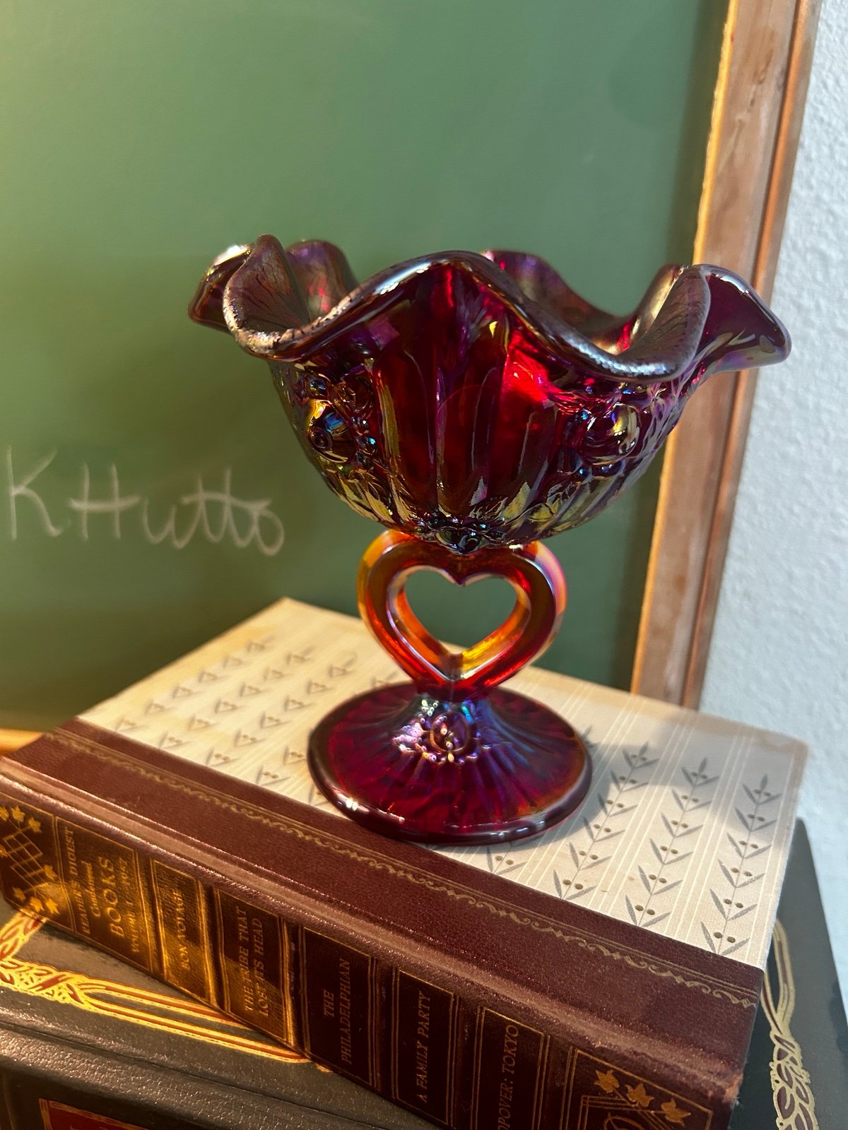 Fenton Ruby Red Rose Heart Comport With Rose Decoration Heart Stem